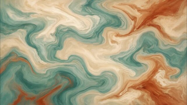 Viscous acrylic paint mixing smoothly, forming swirling wave patterns and fluid marble textures across the frame