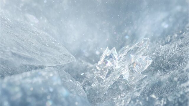 Natural winter ice crystals glinting under bright sunlight on a frozen lake surface with blowing snow particles