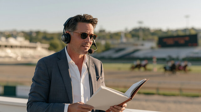 Sports commentator reporting from a horse racing venue, wearing a headset and following the race on a large outdoor track, horses and jockeys visible in the distance with