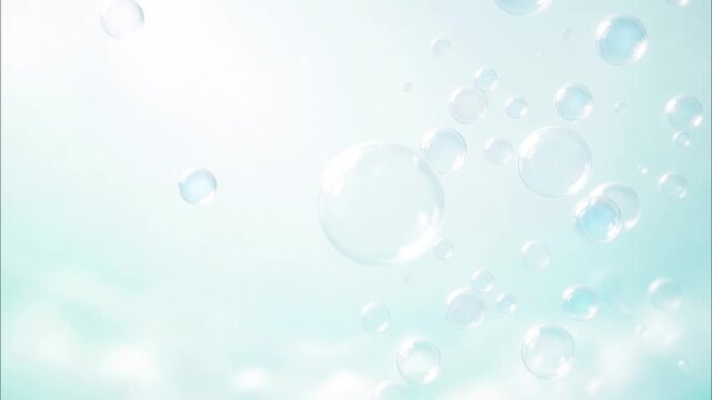Shiny transparent soap bubbles drifting upwards against a soft light blue cloudy sky backdrop with sun flare