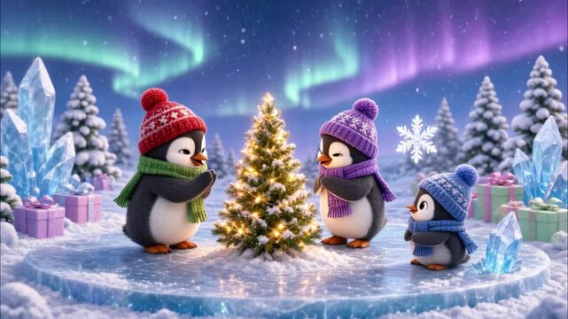 Cute penguin family celebrating christmas around glowing tree under northern lights in winter wonderland
