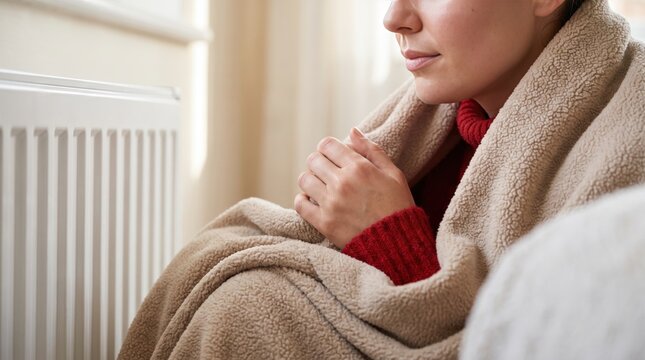 Person wrapped in a beige fleece blanket sitting beside a white metal radiator to keep warm in a red sweater