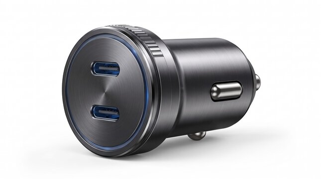 Metal Dual USB-C Fast Car Charger Adapter Isolated on White Background