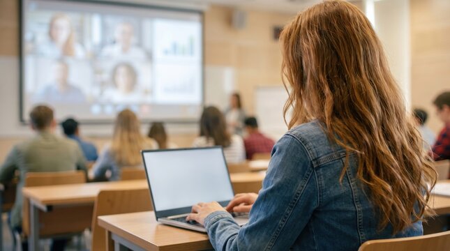 Student with long wavy brown hair wearing a denim jacket typing on a laptop in a university lecture hall with a blurred projection screen showing a conference call in the background