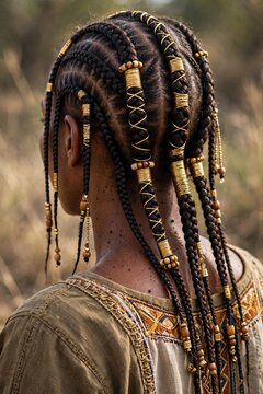 African fulane braids gold thread wrapping wooden beads cowrie back view