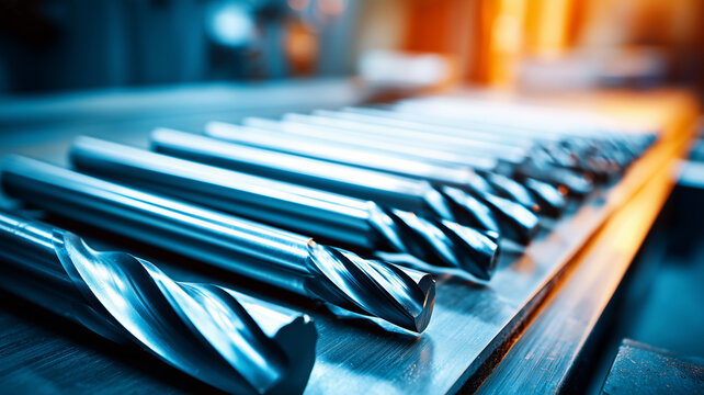 Metal milling cutters arranged in a row on a workbench illustrate precision machining and industrial manufacturing.