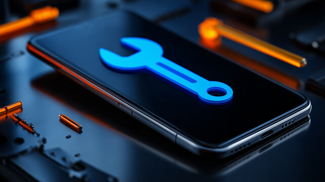 A smartphone displaying a wrench symbol beside repair tools illustrates mobile device maintenance and technical support services.