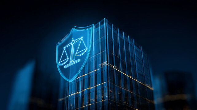 A shield displaying the scales of justice beside a modern office building represents corporate legal protection and regulatory compliance.