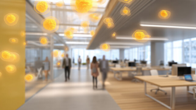 Microscopic airborne particles floating through a modern office illustrate indoor air contamination and potential infection risks in shared workplaces.