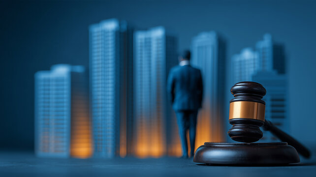 A judge gavel in front of office buildings and a business figure illustrates corporate law and legal decisions affecting companies.