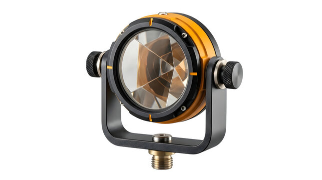 Single surveying prism reflector with tilting holder for total station theodolite measurement isolated on transparent background