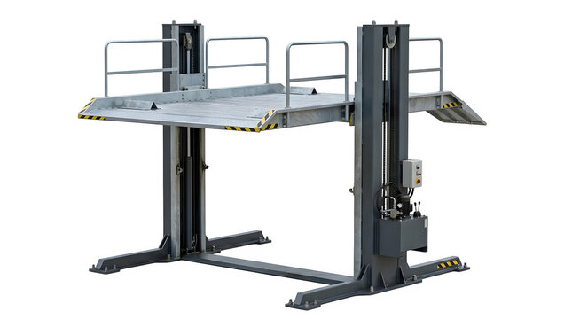 Twopost hydraulic car parking lift system for vehicle storage and space optimization, isolated on transparent background