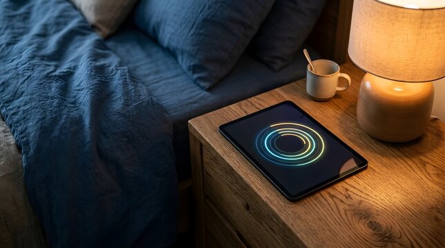 Digital tablet screen displaying glowing neon rings on a wooden nightstand