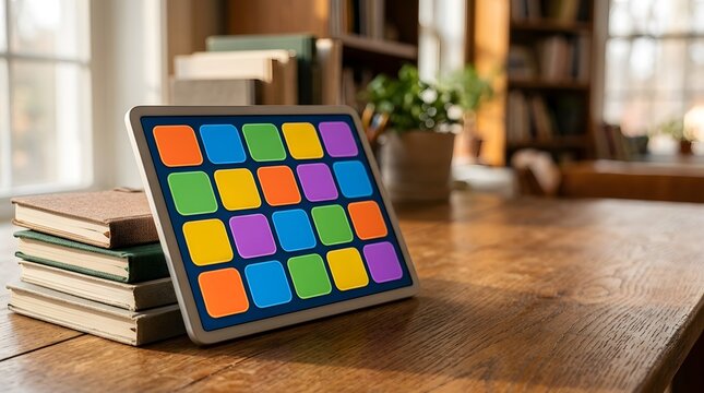Digital tablet with colorful app icons resting on a wooden desk near books