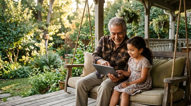 Grandfather and granddaughter sharing digital tablet on porch swing