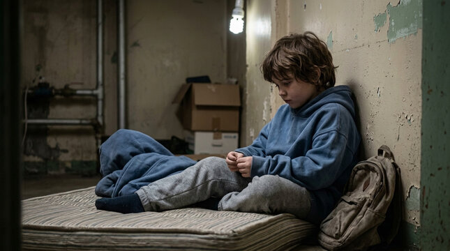 Sad lonely child sitting on mattress in dilapidated room concept of poverty and homelessness