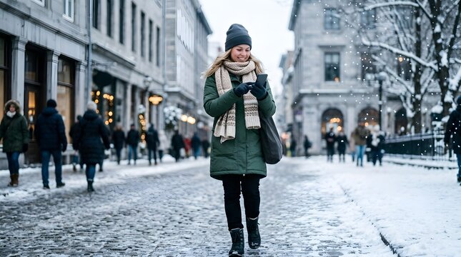 Happy woman walking on snowy urban street checking mobile phone
