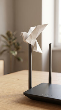 White Origami Bird Sitting on Antenna of Black Wireless Internet Router