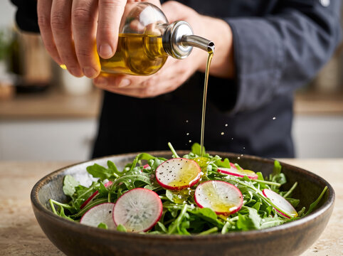 Dressing Fresh Vegetable Salad With Olive Oil From Glass Bottle