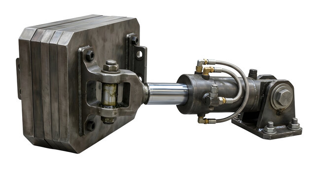 Industrial hydraulic cylinder with a heavy metal plate attachment, used for heavyduty mechanical pressing and positioning applications isolated on transparent background
