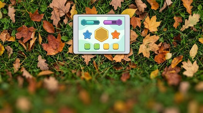 Modern digital tablet displaying vibrant mobile game interface resting on lush green grass surrounded by colorful autumn foliage