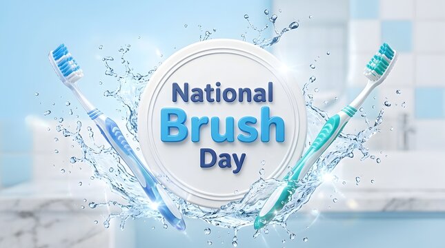 National Brush Day text with two toothbrushes splashing in water on