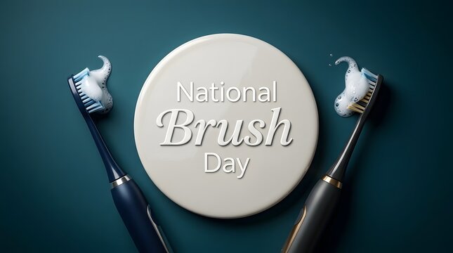 National Brush Day text with electric toothbrushes and foam on dark