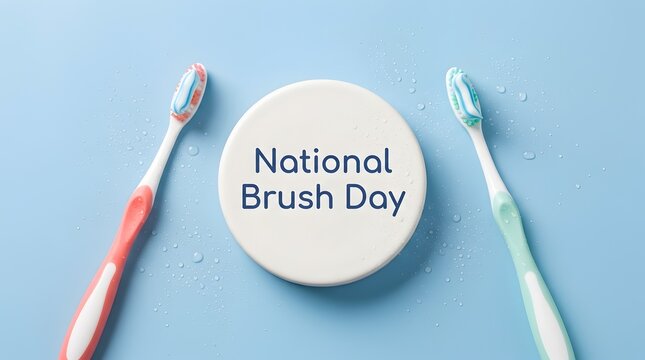National Brush Day text on round disc with two toothbrushes on blue