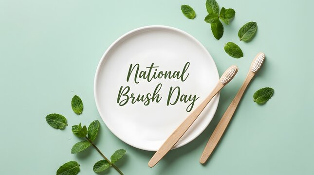 National Brush Day text on white plate with bamboo toothbrushes and