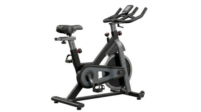 Exercise bike, compact stationary exercise bicycle with a sturdy black and gray steel frame, broad padded saddle, upright handlebars, enclosed circular resistance flywheel and adjustable nonslip foot