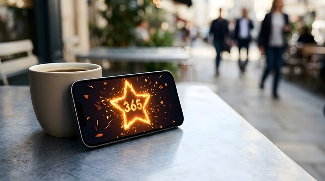 Smartphone displaying glowing star on cafe table next to coffee cup in urban street setting