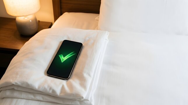 Smartphone with glowing green checkmark on white hotel bed linen