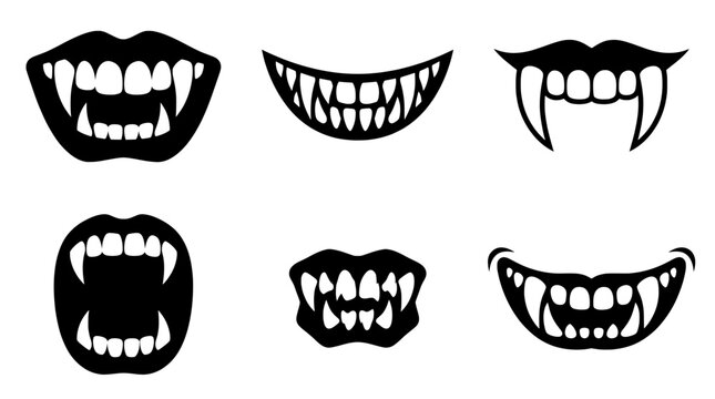 Vampire fangs vector set, spooky monster mouths and teeth illustrations for Halloween design