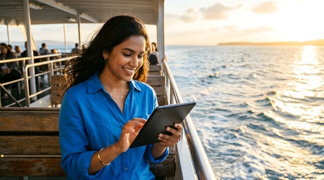 Woman using digital tablet on boat during sunset with ocean view