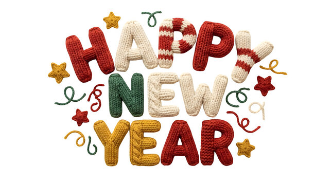 Happy new year knitted wool font inscription with colorful knitted stars and serpentine ribbons isolated on transparent background