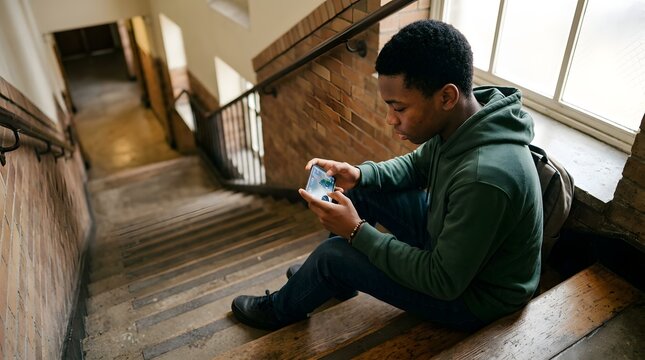 Young man sitting on indoor wooden stairs holding and looking at his smartphone screen while wearing a green hoodie in a public hallway