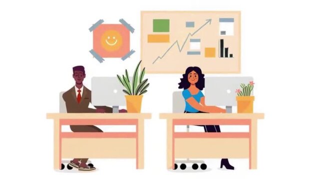 Bright vector office with coworkers and animated growth board &mdash; text‑free loop (4K)