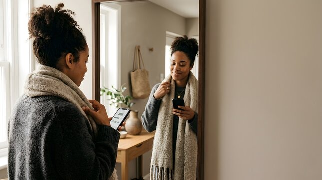 Young woman holding smartphone looking at mirror reflection indoors