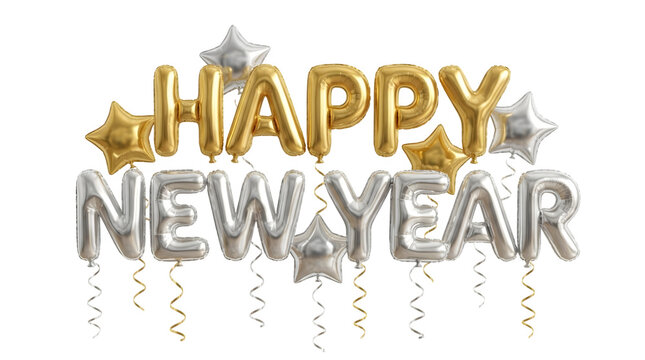 Happy new year foil balloons lettering with gold and silver stars isolated on transparent background