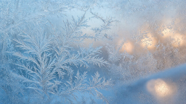Frost crystal pattern on window pane with warm bokeh lights