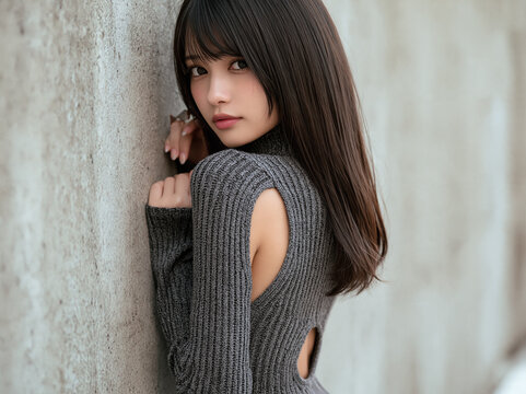 Woman in Gray Backless Knit Sweater, Minimal Fashion Portrait with Copy Space