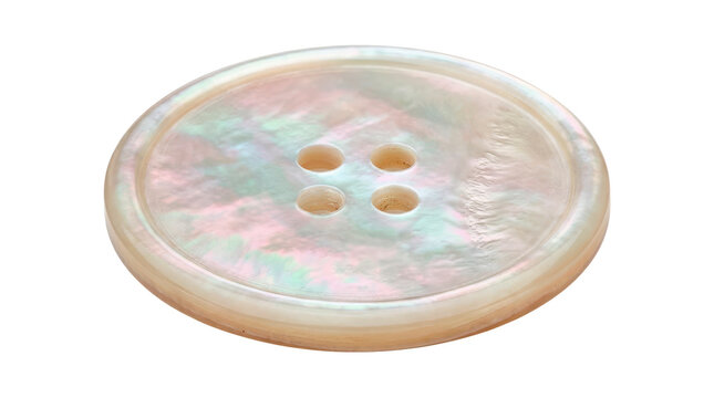 Mother of pearl button, elegant circular shirt button cut from natural mother-of-pearl shell with a thin flat disc body, four precisely drilled central sewing holes, softly beveled outer edge and rich