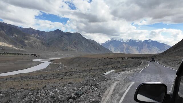driving through the roads of Ladakh in the Indian Himalayas