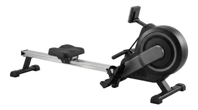 Rowing machine, modern indoor rowing exercise machine with a long horizontal aluminum sliding rail, ergonomic padded seat, wide textured footrests, enclosed circular resistance flywheel and a compact