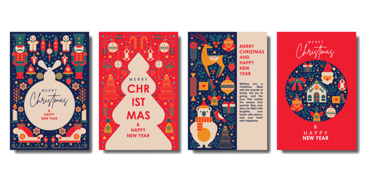 Luxury Merry Christmas and Happy New Year greeting card collection with decorations elements. for card, banner, background.