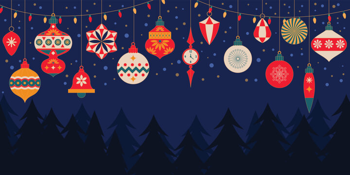 A decorative design featuring hanging Christmas lights, set against a backdrop of a night sky and a pine forest.