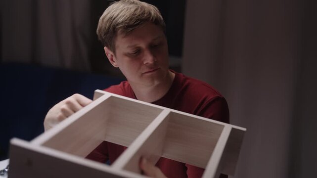 Focused man in domestic setting, putting together new piece of wooden furniture, concentrating on aligning parts and following instructions for do it yourself project. Shooting in slow motion.