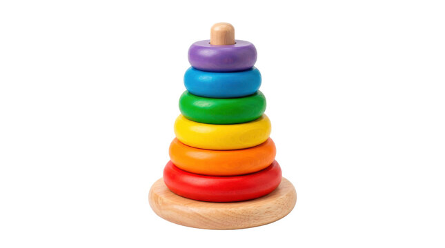 Stacking ring tower, classic baby stacking rings educational toy with graduated colorful circular rings arranged on a single central vertical wooden post, smooth rounded surfaces and a broad stable
