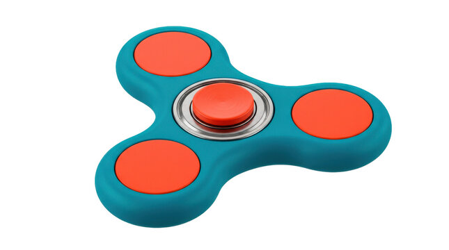 Fidget spinner, compact three-arm fidget spinner with smoothly rounded plastic lobes, central circular metal bearing and contrasting brightly colored matte surfaces, photorealistic sensory toy