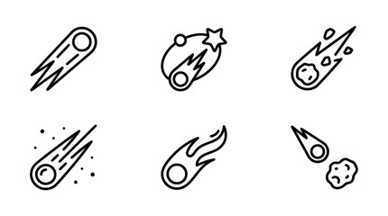 Minimalist comet vector icons set, falling meteors and asteroids, outer space design elements © ADIBA